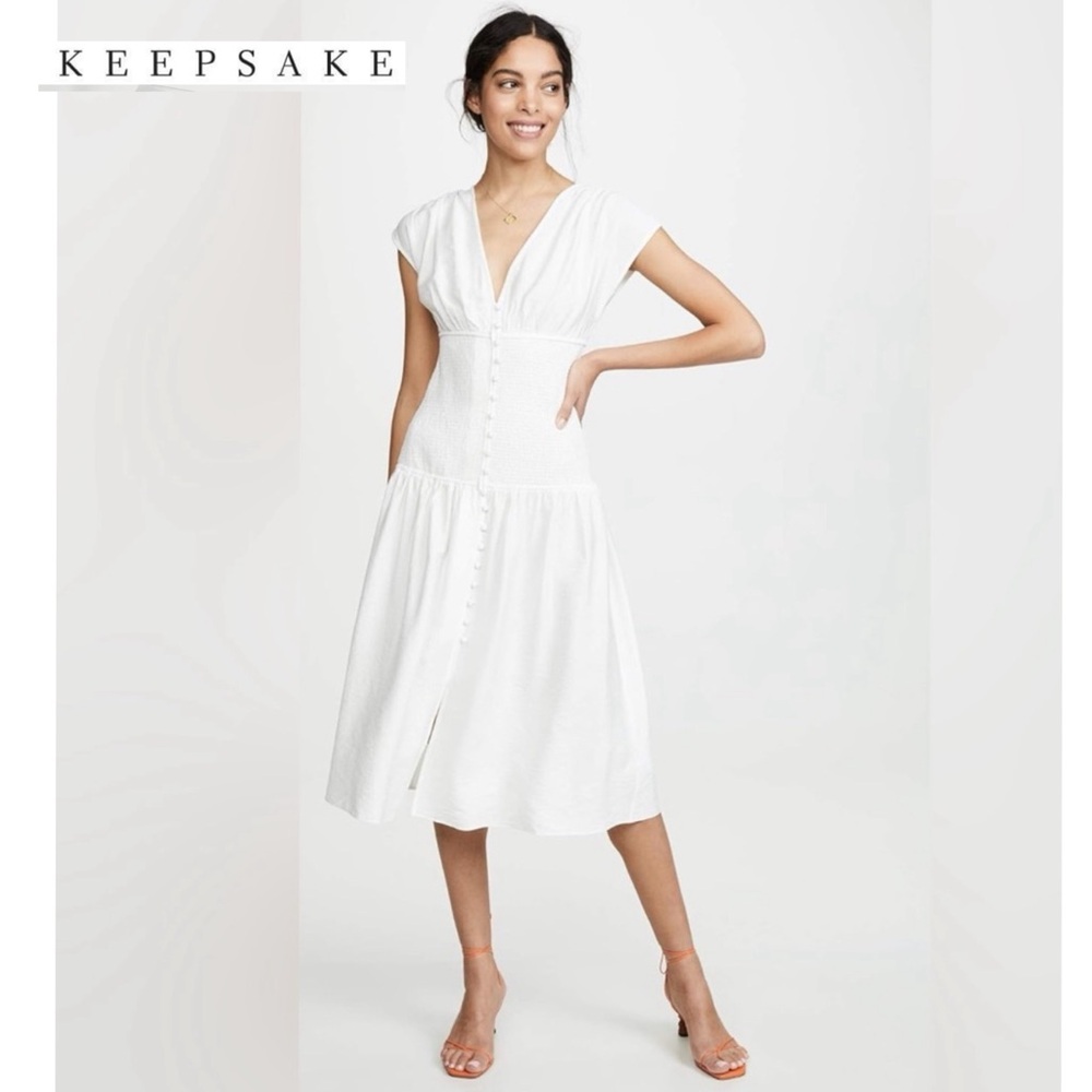 Keepsake Secure Smocked Drop Waist Button Down Midi Dress White XS Coastal Boho